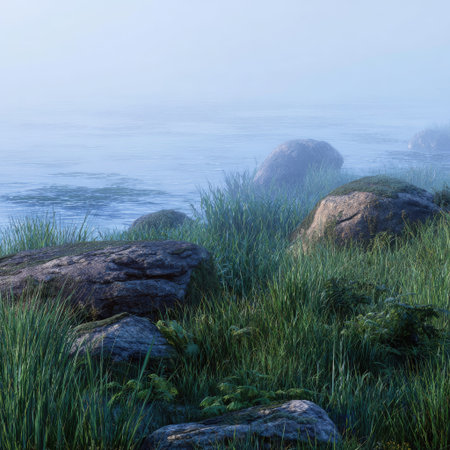 This landscape features rocks, lush green grass, and a soft, misty background. The scene's colors include various shades of green, gray, and blue. The composition creates a sense of depth and tranquility with the foggy atmosphere. Suitable for use in a variety of visual projects, including editorial and commercial contexts.の素材