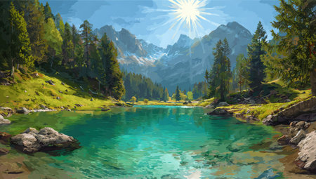 A picturesque landscape depicts a pristine lake with clear turquoise water, surrounded by lush green trees and imposing mountain peaks. The scene is bathed in bright sunlight, creating strong contrasts and highlights. This image is well-suited for a variety of uses, including travel, nature, or environmental themes.の素材