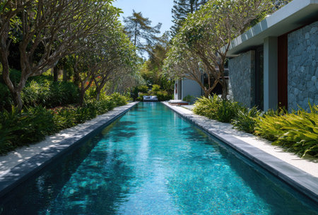A long, rectangular swimming pool dominates the scene, flanked by manicured greenery and trees. The water reflects the clear sky, creating a sense of serenity. Architectural elements are visible on the right. This image is suitable for a variety of uses, including travel, lifestyle, and design projects.の素材