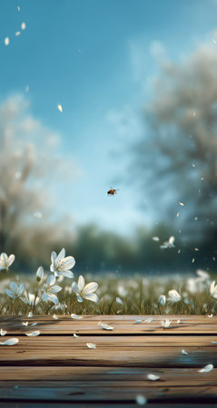A vibrant image presents a wooden platform in the foreground, with scattered white flowers and petals. The backdrop showcases a lush green meadow, trees, and a clear blue sky. The composition, with its soft lighting, evokes a sense of tranquility and natural beauty, potentially suitable for various commercial or editorial uses.の素材