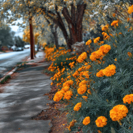 A sidewalk borders a lush display of orange marigold flowers. Their bright color contrasts with the surrounding green foliage and the gray asphalt. Soft sunlight illuminates the scene. This image could be used for various commercial projects related to nature or seasonal themes.の素材