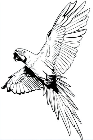 A vibrant black and white vector depicts a parrot mid-flight, wings outstretched. The artwork displays intricate feather details and a dynamic pose, set against a plain background. This image is suitable for various applications, including print and digital projects, and could be utilized for editorial or design purposes.の素材