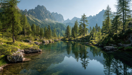 A scenic view of a mountain lake is presented, reflecting surrounding trees and peaks. The composition features lush green foliage, with varying shades of color and textures under a clear sky. This image evokes feelings of serenity, and may be suitable for editorial or commercial applications.の素材