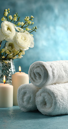 The image showcases a serene spa setting featuring neatly rolled white towels, lit candles, and a vase of flowers. The composition highlights textures and soft lighting against a blue backdrop. The scene suggests a sense of calm and well-being, suitable for promoting wellness or relaxation concepts.の素材