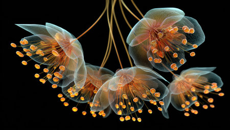 This image features a cluster of translucent flowers showcasing intricate petal structures. The composition highlights the flowers against a dark background, emphasizing their luminous quality. The artwork utilizes vibrant colors and detailed textures. Suitable for various design applications, it is ideal for commercial and editorial purposes.の素材