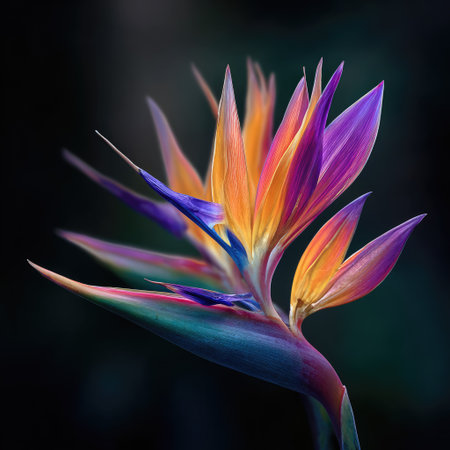 A close-up captures a bird of paradise flower with vivid hues of orange, purple, and blue. The composition focuses on the flower's intricate petals set against a dark, blurred background. This image showcases a detailed botanical subject with potential uses in design, editorial, or decorative projects.の素材