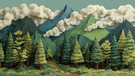 This image presents a vibrant forest landscape with stylized mountains and fluffy clouds. The composition features various shades of green, blue, and brown, with detailed textures suggesting a craft-like aesthetic. The scene suggests a natural environment and could be used for illustrations, graphic design, or educational materials.の素材