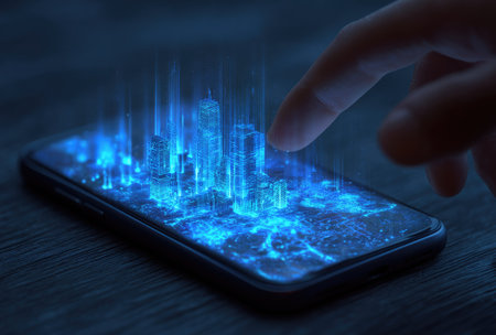 A hand interacts with a smartphone displaying a digital cityscape. The image features glowing blue lines and buildings, suggesting data and connectivity. The composition uses a low-angle shot with soft lighting. Potential uses include technology, business, or communication illustrations.の素材