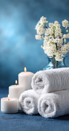 A spa-themed composition presents rolled white towels, lit candles, and a vase of white flowers. The arrangement is set against a blurred blue backdrop, with soft lighting enhancing the textures. This serene image is suitable for various commercial uses, including wellness, relaxation, and lifestyle concepts.の素材