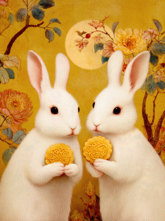 Two white rabbits are featured prominently, holding golden pastries. The image uses warm tones, primarily yellow and gold, with intricate floral patterns. The composition is balanced, showcasing a serene atmosphere, with soft lighting and a focus on detail. This artwork could be suitable for various illustrative projects.の素材