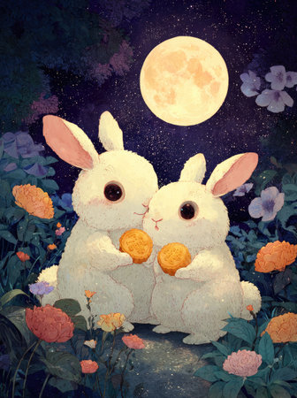This image presents two fluffy white bunnies holding orange treats. The composition features a vibrant full moon and a backdrop of lush flowers and foliage. The artwork displays a soft, whimsical style with warm colors. This illustration could be suitable for various uses, including design and editorial applications.の素材