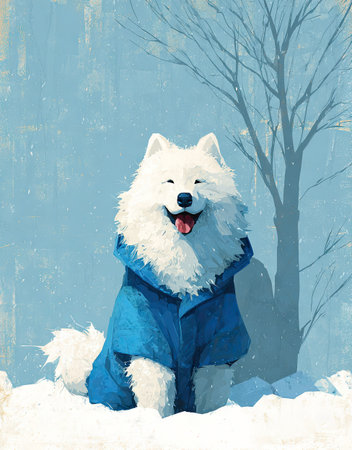 An illustrated white dog, wearing a blue coat, is depicted sitting in the snow. The artwork showcases soft textures and a bright color palette. The composition includes a blurred background and a leafless tree. This image might be suitable for various commercial or editorial applications.の素材