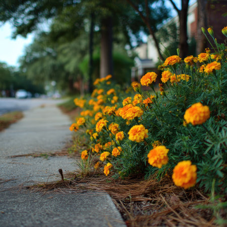 A close-up captures a vibrant display of orange flowers lining a sidewalk. The blossoms are in full bloom, showcasing their bright colors against a backdrop of green foliage and a blurred street. The composition benefits from soft sunlight, hinting at a peaceful, natural environment. Suitable for various editorial and commercial applications.の素材