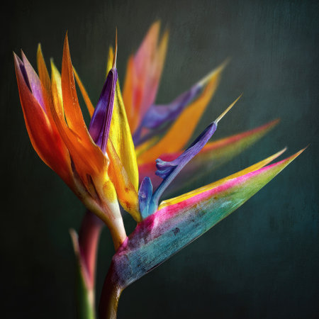 A close-up view presents a Bird of Paradise flower, showcasing a variety of vibrant colors. The composition highlights the flower's intricate structure, with a focus on its petals and shapes. The image presents a soft, dark background, which may suggest a studio setting or a focus on the floral subject. This photo may be suitable for botanical, decorative, or artistic purposes.の素材