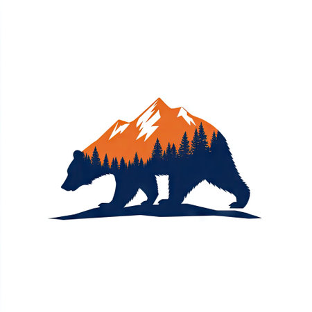 This graphic showcases a bear silhouette against a backdrop of a mountain range and coniferous forest. The design utilizes shades of blue and orange, providing contrast and visual interest. The composition, likely created digitally, suggests a stylized approach appropriate for various applications, including print and digital media.の素材