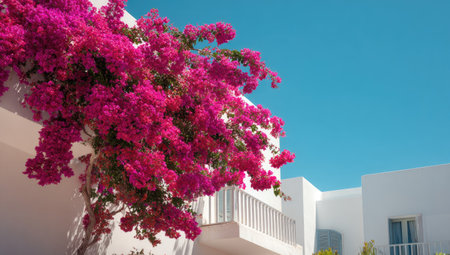 A close-up captures a thriving bougainvillea with magenta flowers against a clear, azure sky and white buildings. The composition features sharp lighting, highlighting the texture of the blossoms. This image could be used for various projects, including travel blogs, websites, or decorative purposes.の素材