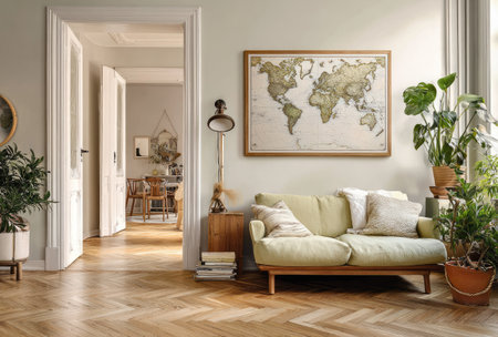 A spacious living room features a comfortable sofa and a framed world map. The scene has a neutral color palette with natural light. The interior design showcases wooden floors and plants. Suitable for lifestyle, design, or real estate marketing and promotional materials.の素材
