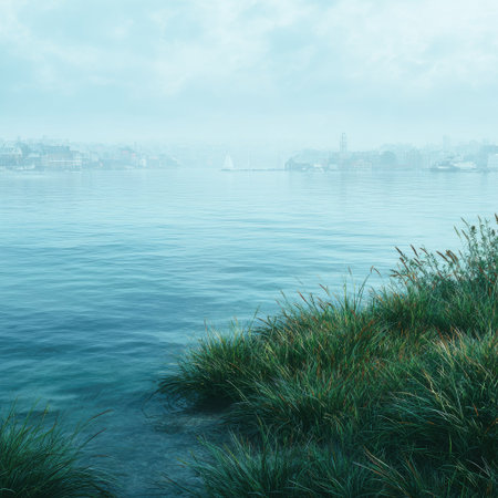 A serene visual presents a lake with calm, blue water. The foreground showcases vibrant green grasses, while the background suggests a distant shoreline, enveloped in a soft mist. The overcast lighting creates a muted color palette. Suitable for various editorial and commercial applications.の素材