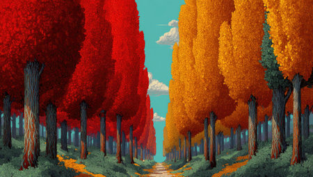 This illustration showcases a forest of trees, with foliage in shades of red, orange, yellow, and green. The artwork features a perspective view along a pathway. The composition uses bright colors and a stylized art style. The image can be used for various commercial or editorial applications.の素材
