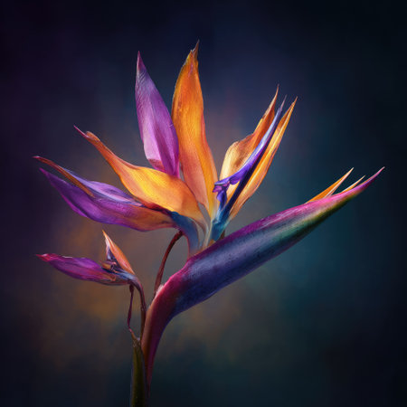 A stunning illustration showcases a Bird of Paradise flower in full bloom. The artwork features vivid orange, purple, and blue hues, with a soft, blurred background. The composition highlights the flower's intricate details and textures. This image is suitable for a variety of editorial and commercial applications.の素材