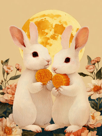 Two adorable rabbits stand before a large, radiant moon, each holding a round pastry. Soft lighting and a warm color palette create a gentle atmosphere. The composition includes floral accents, suggesting a celebration or cultural event. Suitable for a range of editorial and design projects.の素材