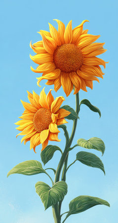 Two sunflowers are depicted against a light blue backdrop. The illustration showcases vivid yellow petals and brown centers. The composition is a botanical illustration with green stems and leaves, possibly set in an outdoor environment. Suitable for various editorial and commercial applications.の素材
