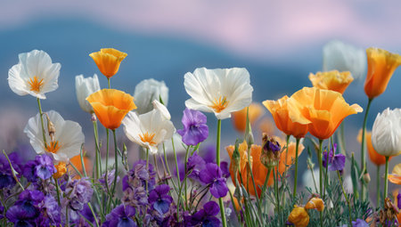 An array of wildflowers in various colors dominates the foreground, with white, orange, and purple blooms. The composition features a shallow depth of field, highlighting the textures of petals. Soft lighting and a clear sky provide a natural outdoor setting suitable for diverse visual communications.の素材
