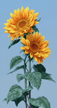 Two sunflowers stand tall, showcasing bright yellow petals and dark centers against a solid blue background. Green leaves and stems provide contrast to the yellow blooms. The image features a clean, simple composition suitable for various applications, including editorial and commercial projects.の素材
