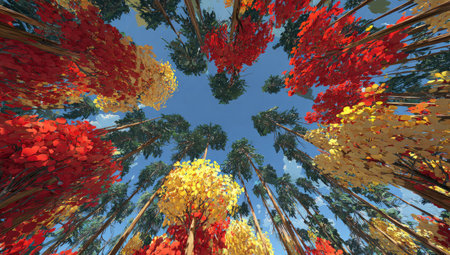 An upward perspective captures a forest of trees exhibiting rich autumnal hues, including red, yellow, and green. The composition highlights the trees' textures and the natural light filtering through the leaves. This visual could be used for illustrating themes of nature, environment or seasonal changes in various commercial applications.の素材