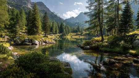 A scenic view captures a mountain lake reflecting surrounding trees and a bright blue sky. The composition emphasizes the natural beauty with lush green trees and rocky formations. The image is bathed in sunlight, suggesting a daytime setting. It could be used for various projects, including nature-themed websites and editorial content.の素材
