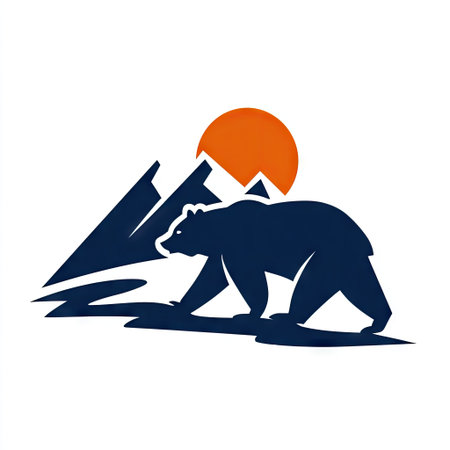 A silhouette of a bear walks in front of a mountain range with a setting sun in a simple graphic design. Dark blue and orange hues dominate the composition, set against a clean white background. This vector illustration could be used for various commercial projects and editorial content.の素材