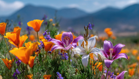 A field of colorful wildflowers thrives under sunlight with a backdrop of mountains. The composition showcases orange, purple, and white flowers in focus, set against a blurred background. The image presents a natural, outdoor environment and is suitable for various editorial and commercial applications.の素材