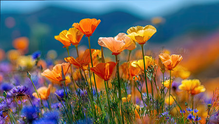 An eye-level shot captures a vivid field of blossoming flowers. Orange and yellow petals stand out against a backdrop of soft blue hues. The composition uses natural sunlight, creating a bright and airy environment. This image is suitable for various commercial uses, including website design and marketing materials.の素材