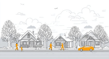 A line art illustration presents a row of houses with surrounding trees and people walking on a sidewalk. The image features a monochromatic scheme with a single element in bright yellow. This composition suggests a suburban setting, likely usable for design, real estate, or lifestyle themes.の素材