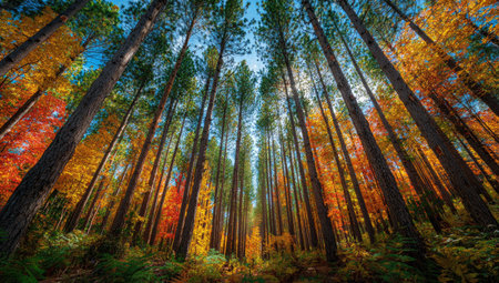 An upward perspective captures tall trees during autumn. The image showcases vibrant colors including red, orange, and green foliage. Overhead lighting enhances the textures of the bark and leaves. Suitable for various applications, this image can be used for editorial and commercial projects.の素材