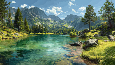 A picturesque landscape showcases a calm lake surrounded by mountains and verdant trees. The scene features bright colors and a composition that draws the eye. The image might be suitable for editorial use, landscape design, or to enhance presentations. The daylight setting enhances the natural beauty.の素材