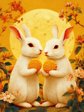 This illustration depicts two white rabbits in a serene setting, possibly outdoors. They are holding circular pastries in front of a warm yellow moon. The style of the image features soft lighting and vivid colors, suggesting use in seasonal greetings or decorative designs for print or digital media.の素材