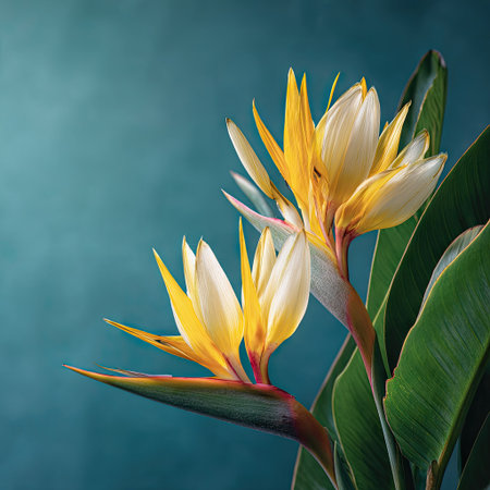 Two bird of paradise flowers are the focal point against a teal backdrop. The flowers exhibit striking yellow and white petals with green foliage. The composition uses natural lighting highlighting textures. Suitable for illustrating floral, botanical, or natural themes for various commercial applications.の素材