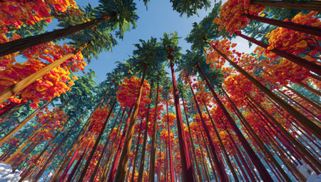 An upward perspective captures a forest canopy ablaze with autumnal colors. Tall, slender tree trunks ascend towards a clear, blue sky. The composition emphasizes vibrant reds, oranges, and greens, suggesting a dynamic outdoor scene. This image could be suitable for various commercial projects related to nature or seasonal themes.の素材