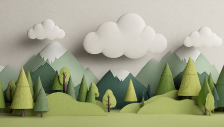 This stylized illustration depicts a vibrant landscape featuring mountains, trees, and clouds. The scene is rendered with soft colors and smooth textures. The composition offers a whimsical, inviting atmosphere, ideal for various design applications. It can be used for projects requiring a touch of nature-inspired visual appeal.の素材