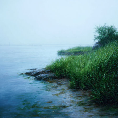 This image presents a serene coastal scene, showcasing water meeting a grassy bank. The composition features green vegetation, and grey rocks. Misty conditions and diffused lighting create a soft, ethereal atmosphere. Suitable for a range of uses, the image conveys a sense of tranquility and natural beauty.の素材