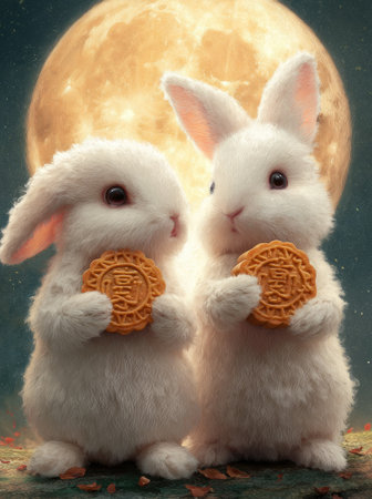 Two fluffy white rabbits stand facing forward, each clutching a golden cookie. A warm, inviting light bathes the scene, illuminating the soft texture of their fur. The composition includes a full, glowing moon in the backdrop. This image could be suitable for various celebratory or seasonal projects.の素材