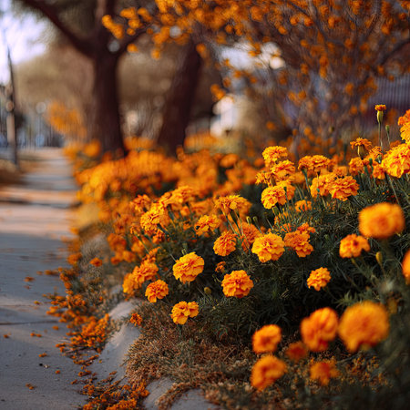 A profusion of orange flowers lines a sidewalk, bathed in sunlight. The composition emphasizes the flowers' texture and vivid color against the greenery and the adjacent path. The scene suggests an outdoor setting, likely during the day, with potential uses in seasonal and nature-related projects.の素材