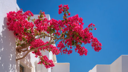 Bright pink bougainvillea flowers cascade from a white building corner, contrasted by a clear blue sky. The scene showcases a sunny, outdoor setting, possibly in a warm climate. This image features sharp details and could be suitable for various commercial or editorial uses.の素材