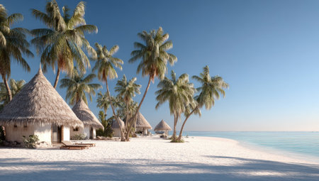 A picturesque coastal scene showcases several thatched-roof huts nestled along a pristine white sandy beach. Towering palm trees sway gently in the breeze. The composition uses bright colors, focusing on the turquoise ocean and the clear blue sky. This imagery could be employed for a variety of editorial or commercial purposes.の素材