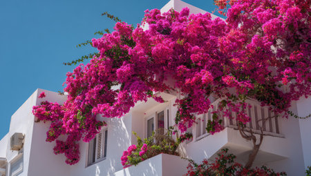 The image features a white building adorned with lush, bright pink bougainvillea flowers against a clear blue sky. The composition showcases architectural details and the natural beauty of the blossoms. The scene, possibly outdoors on a sunny day, suggests potential uses in travel, design, or lifestyle contexts.の素材