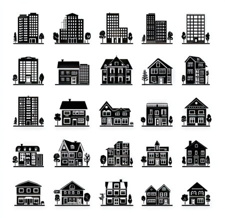 This vector illustration features a collection of diverse building silhouettes. The monochromatic style employs black against a white backdrop. Depicting various architectural styles, the set could be suitable for use in design concepts, educational resources, or commercial applications to represent urban environments.の素材