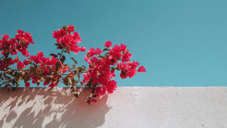 This image showcases vivid red flowers against a clear blue sky and a white wall, providing a striking contrast. The composition highlights the flowers' texture and the seamless blend of colors. This scene can be used for various commercial projects related to nature, beauty, or design. The image emphasizes a clean and modern visual style.の素材