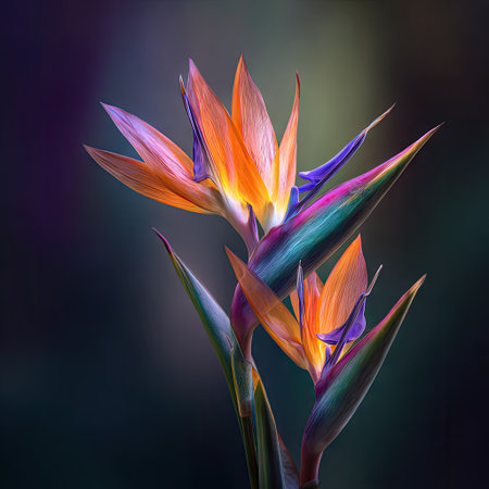 Two bird of paradise flowers are presented against a dark, blurred backdrop. The flowers exhibit a rich palette of orange, purple, and green hues, showcasing intricate textures. The composition utilizes a soft, focused lighting, which enhances the floral details. Suitable for various commercial uses, including decorative designs and nature-themed projects.の素材