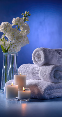 This image showcases a spa-like setup with a stack of white towels, lit candles, and a vase of white flowers. The composition features a blue backdrop, enhancing the clean and serene atmosphere. The arrangement could be used to illustrate concepts of relaxation, wellness, or self-care, and is suitable for various commercial or editorial applications.の素材
